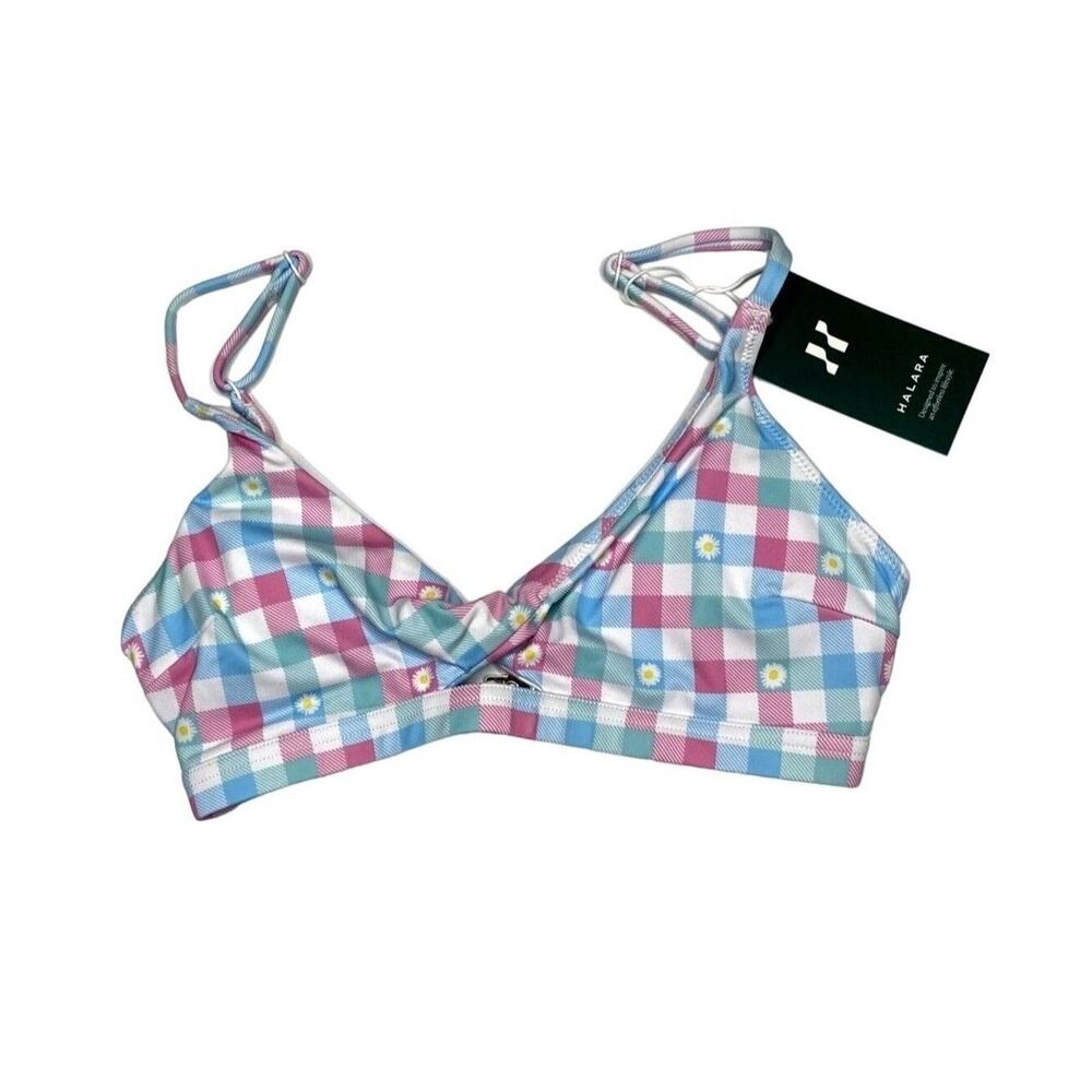 NWT Halara The Bikini Daisy Swim Checkered Top Removable Cups XS Pink Blue White